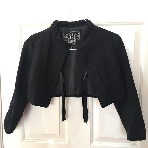 Last kiss wool bolero crop jacket coat blazer bow ribbon tie ruffle collar black - Picture 10 of 11